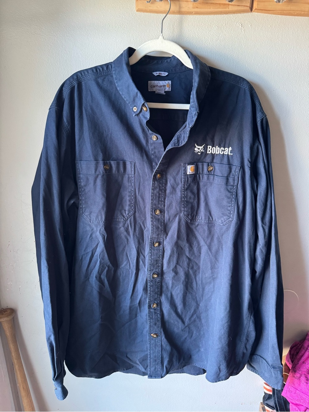 Carhartt Mens XL Tall Navy Bobcat Embroidered Rugged Flex Work Shirt Long Sleeve